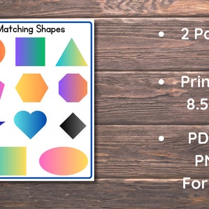 May include: A printable worksheet with the title "Matching Shapes". The worksheet features 12 colorful shapes, including a circle, square, triangle, pentagon, hexagon, octagon, star, heart, diamond, rectangle, and oval. The worksheet is designed to be printed on 8.5x11 inch paper and is available in PDF and PNG formats.