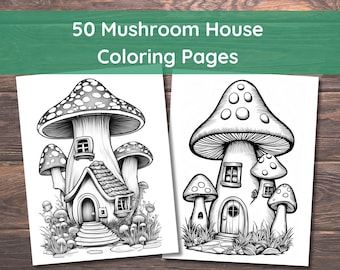 50 Zauberpilzhaus Ausmalseiten, Malbuch für Kinder und Erwachsene, Graustufen, Malvorlagen, sofortdownload, druckbare PDF-Datei.