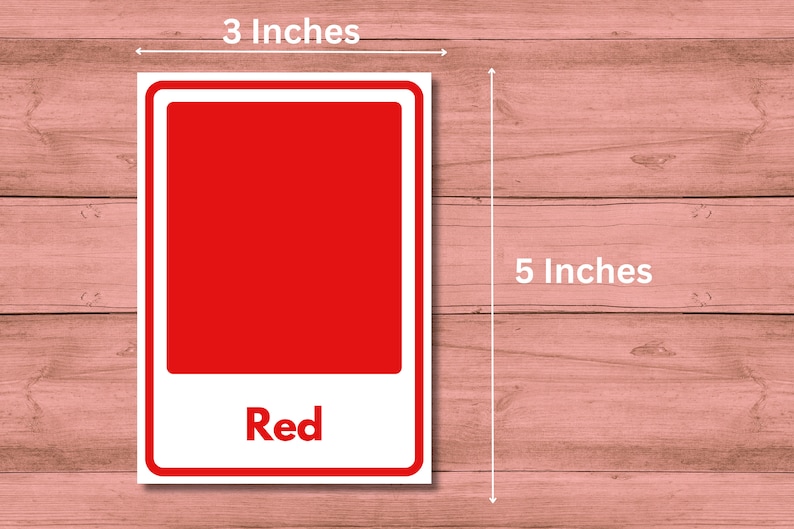 May include: A red color card with a white border. The card measures 3 inches by 5 inches and has the word "Red" printed on it.