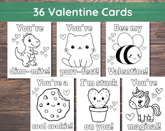 Valentines Coloring Cards, 36 Valentines Day Valentine Cards, Valentine's Cards for Kids, Valentine Classroom Activity, Printable Valentines