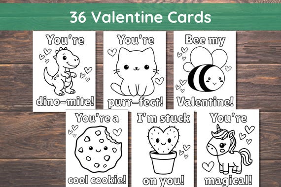 Valentines Coloring Cards, 36 Valentines Day Valentine Cards, Valentine's Cards for Kids, Valentine Classroom Activity, Printable Valentines