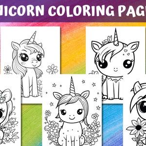 May include: Five black and white coloring pages featuring cute cartoon unicorns with large eyes and horns. Each unicorn is surrounded by flowers and stars.