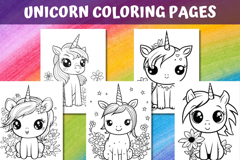 May include: Five black and white coloring pages featuring cute cartoon unicorns with large eyes and horns. Each unicorn is surrounded by flowers and stars.