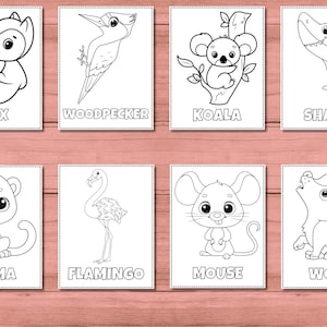 Puede incluir: P&aacute;ginas para colorear en blanco y negro con varios animales, incluyendo un zorro, un p&aacute;jaro carpintero, un koala, un tibur&oacute;n, un puma, un flamenco, un rat&oacute;n y un lobo. Cada animal est&aacute; representado en un estilo simple y de dibujos animados.