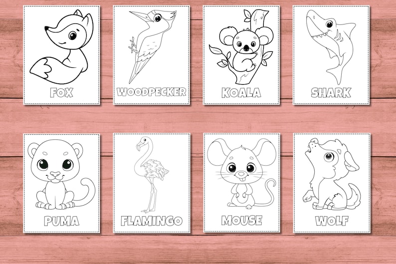 Puede incluir: P&aacute;ginas para colorear en blanco y negro con varios animales, incluyendo un zorro, un p&aacute;jaro carpintero, un koala, un tibur&oacute;n, un puma, un flamenco, un rat&oacute;n y un lobo. Cada animal est&aacute; representado en un estilo simple y de dibujos animados.