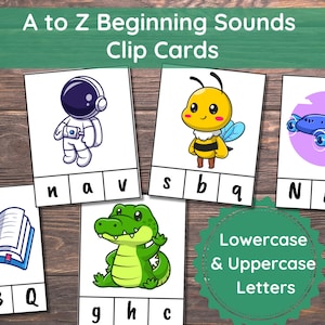 Tarjetas con sonidos iniciales de la A a la Z, imprimibles para preescolar, sonidos de letras para preescolar, fonética preescolar, jardín de infantes, Montessori