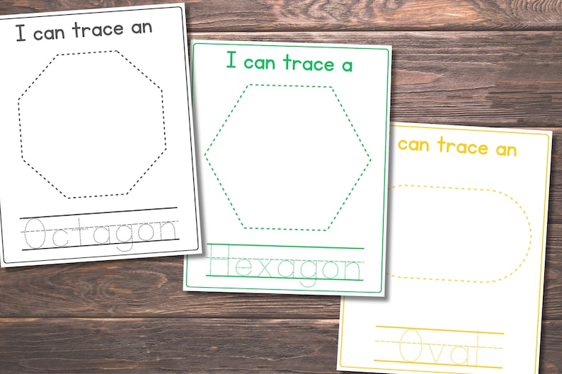 May include: Three printable worksheets for tracing shapes. The first worksheet features an octagon, the second a hexagon, and the third an oval. Each worksheet has the word "I can trace a/an" at the top and the name of the shape at the bottom.