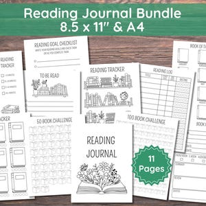 May include: A reading journal bundle featuring 11 pages of printable templates in 8.5 x 11 inch and A4 sizes. The black and white sheets include a reading tracker, goal checklist, book log, book review forms, and challenge trackers with floral art.