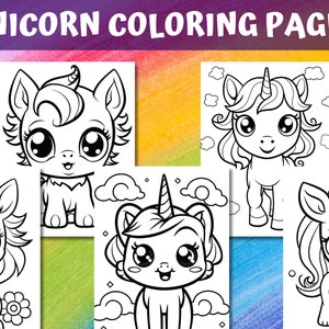 May include: Four black and white coloring pages featuring cute unicorn illustrations. Each unicorn has a different pose and expression. The unicorns have large eyes, curly manes, and horns. The coloring pages are perfect for kids who love unicorns.