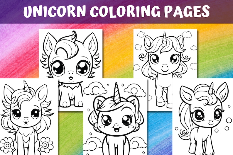 May include: Four black and white coloring pages featuring cute unicorn illustrations. Each unicorn has a different pose and expression. The unicorns have large eyes, curly manes, and horns. The coloring pages are perfect for kids who love unicorns.