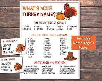 What's Your Turkey Name Game, Thanksgiving Party Game, Turkey Name Generator, Thanksgiving Game for Kids & Adults, Printable Turkey Game