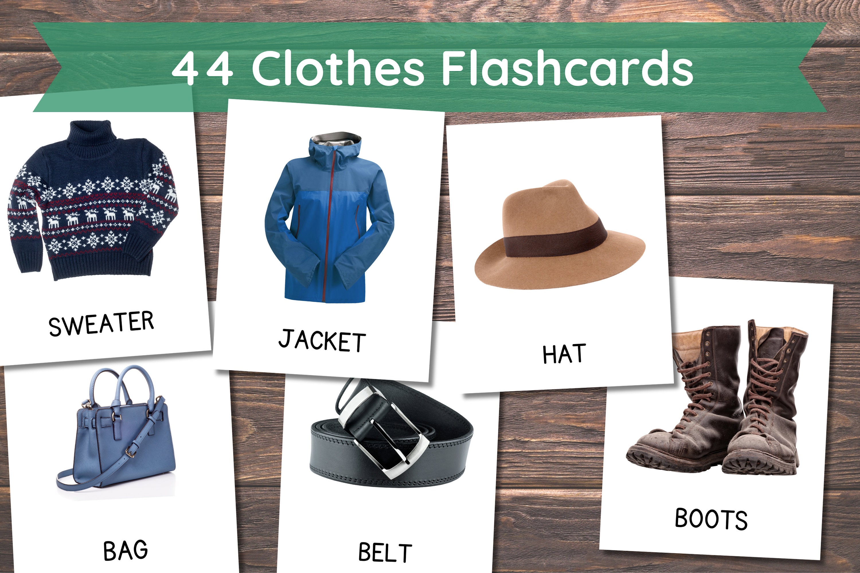 Clothes (Real Pictures) • 44 Montessori Cards • Flash Cards Nomenclature FlashCards PDF Printable Cards Montessori  Preschool Kindergarten