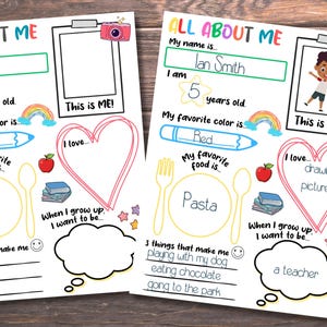 May include: Two colorful "All About Me" printable worksheets. One is filled out with the name "Ian Smith", age 5, favorite color "Red", favorite food "Pasta", and the things that make him happy. The other is blank.