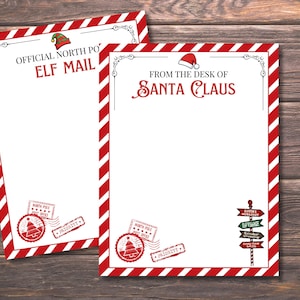 Puede incluir: Dos hojas de papel de carta con temática navideña con bordes a rayas rojas y blancas. Una hoja dice "Official North Pole Elf Mail" y la otra "From the Desk of Santa Claus". Ambas tienen sellos festivos.