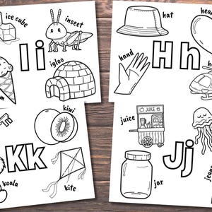 May include: Black and white colouring pages featuring the alphabet from I to J with various illustrations for each letter.  The illustrations include ice cream, an igloo, an insect, a key, a koala, a kite, a hat, a heart, a hand, a helicopter, juice, a jar, jeans, and a jellyfish.