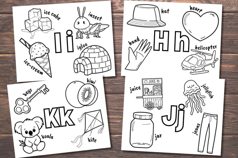 May include: Black and white colouring pages featuring the alphabet from I to J with various illustrations for each letter.  The illustrations include ice cream, an igloo, an insect, a key, a koala, a kite, a hat, a heart, a hand, a helicopter, juice, a jar, jeans, and a jellyfish.