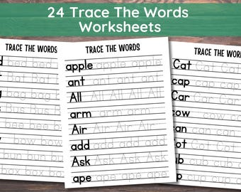 26 Folhas de Exercícios para Traçar as Palavras de A a Z, Palavras com Iniciais de Letras Minúsculas e Maiúsculas, Prática de Caligrafia com Palavras do Alfabeto, Atividade de Escrita