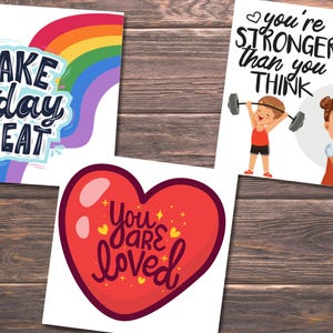 Puede incluir: Tres tarjetas motivacionales con dise&ntilde;os coloridos y mensajes inspiradores. La primera tarjeta presenta un arco&iacute;ris y el texto "Make today great". La segunda tarjeta presenta un coraz&oacute;n con el texto "You are loved". La tercera tarjeta presenta un ni&ntilde;o y una ni&ntilde;a levantando pesas con el texto "You're stronger than you think".