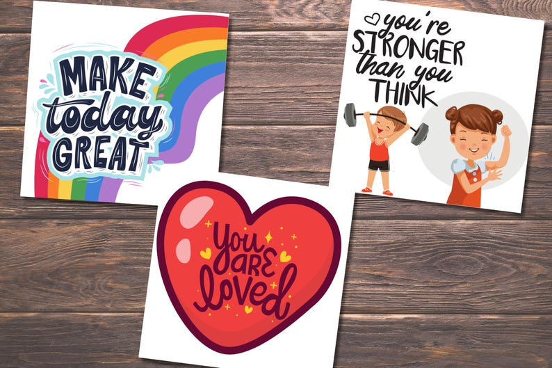 Puede incluir: Tres tarjetas motivacionales con dise&ntilde;os coloridos y mensajes inspiradores. La primera tarjeta presenta un arco&iacute;ris y el texto "Make today great". La segunda tarjeta presenta un coraz&oacute;n con el texto "You are loved". La tercera tarjeta presenta un ni&ntilde;o y una ni&ntilde;a levantando pesas con el texto "You're stronger than you think".