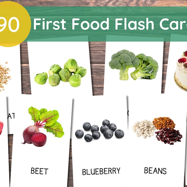 First Foods Flash-Karten, echte Bilder, 92 Montessori-Karten, Flash-Karten für Kleinkinder, druckbare Lernkarten, Montessori-Vorschulerziehung