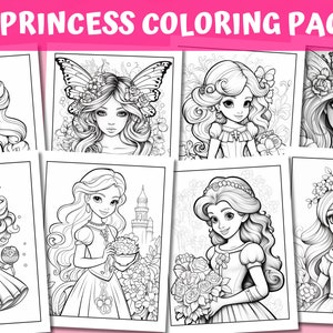 May include: Eight black and white colouring pages featuring different princesses with flowers, butterflies, and crowns. The text "80 PRINCESS COLOURING PAGES" is at the top of the image.