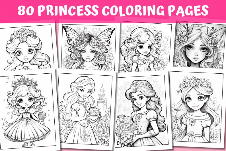 May include: Eight black and white colouring pages featuring different princesses with flowers, butterflies, and crowns. The text "80 PRINCESS COLOURING PAGES" is at the top of the image.