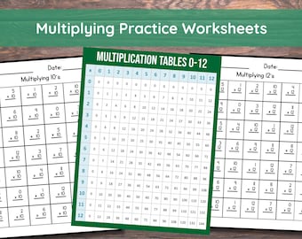 May include: Three educational worksheets featuring math problems. The left sheet is titled Multiplying 10's, the center is a green Multiplication Tables 0-12 grid, and the right sheet is titled Multiplying 12's. All pages have name and date lines.