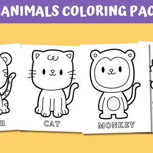 May include: Black and white coloring pages featuring a tiger, cat, monkey, and sheep. Each animal is drawn in a simple, cartoon style. The title "36 Animals Coloring Pages" is at the top of the image.