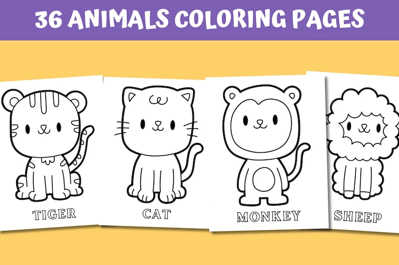 May include: Black and white coloring pages featuring a tiger, cat, monkey, and sheep. Each animal is drawn in a simple, cartoon style. The title "36 Animals Coloring Pages" is at the top of the image.