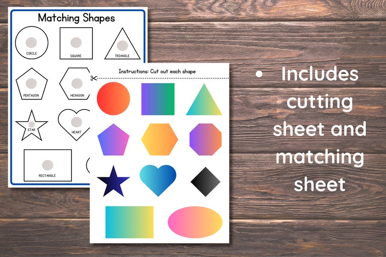 May include: A printable worksheet for kids to learn about shapes. The worksheet includes a cutting sheet with colorful shapes and a matching sheet with outlines of the shapes. The text on the sheet says "Matching Shapes" and "Instructions: Cut out each shape".