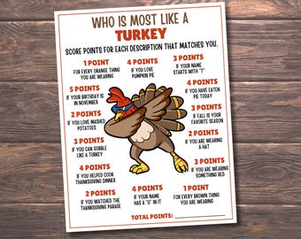 Who Is Most Like a Turkey Thanksgiving Game | Thanksgiving Party Game | Family Thanksgiving Game | Kids & Adults Printable