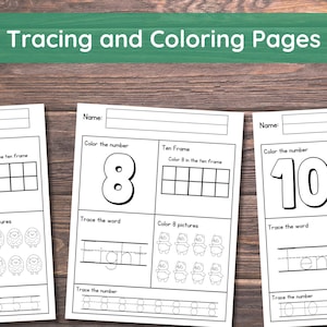 May include: Black and white printable tracing and colouring worksheets for numbers 5, 8, and 10. Each worksheet includes a ten frame, a space to colour the number, trace the word, and colour pictures.