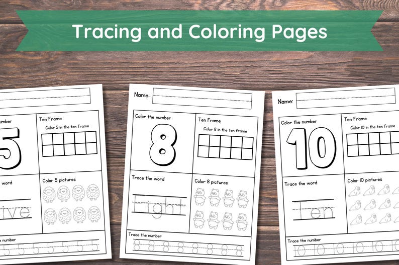 May include: Black and white printable tracing and colouring worksheets for numbers 5, 8, and 10. Each worksheet includes a ten frame, a space to colour the number, trace the word, and colour pictures.