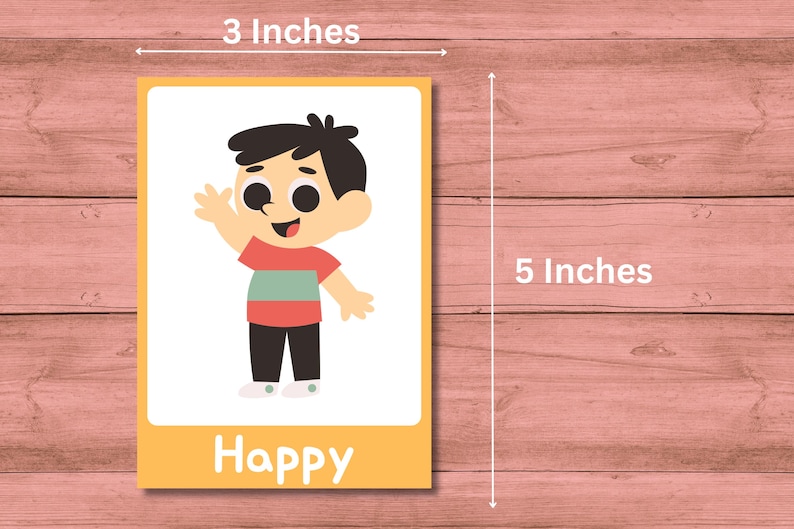 May include: A yellow and white card with a cartoon illustration of a person with black hair and a red shirt with a green stripe. The card says "Happy" at the bottom. The card is 3 inches wide and 5 inches tall.