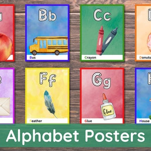 Pósters del alfabeto / Formación de letras / Acuarelas arcoíris / Decoración para el aula y el hogar / Arte mural imprimible educativo / Póster de trazado de letras