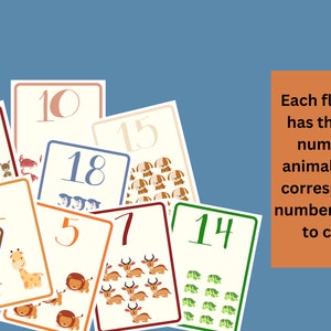 May include: A set of colorful flashcards with numbers 1 through 20, each featuring a different animal illustration. The text "Each flashcard has the same number of animals as the corresponding number, helping to count." is visible on the right side of the image.