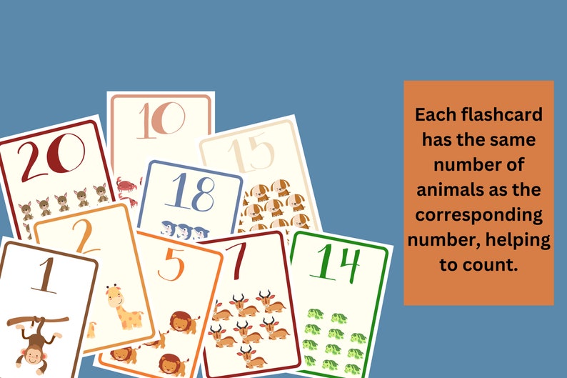 May include: A set of colorful flashcards with numbers 1 through 20, each featuring a different animal illustration. The text "Each flashcard has the same number of animals as the corresponding number, helping to count." is visible on the right side of the image.