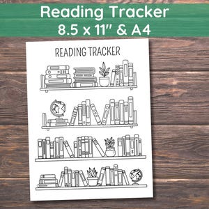 May include: A white printable reading tracker sheet featuring black line art illustrations of four bookshelves filled with various books, potted plants, and globes. The document includes the text Reading Tracker at the top and 8.5 x 11 inches.