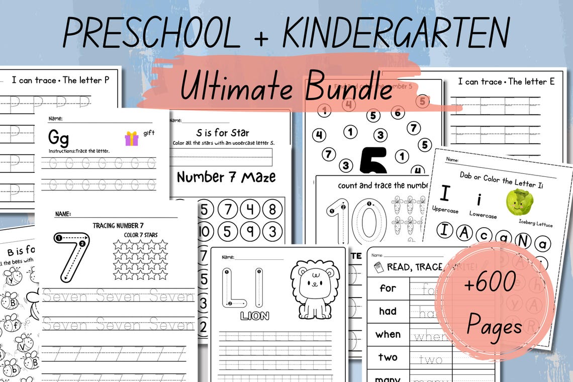 Preschool Pre-K Kindergarten Learning Bundle 600 Pages Printable Activity Worksheets Coloring Dot To Dot Tracing Alphabet image 1