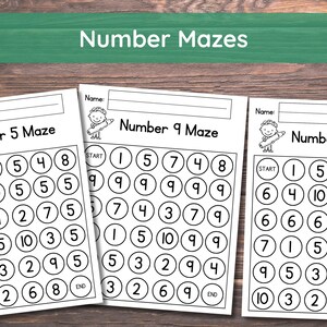 May include: Three black and white printable worksheets with number mazes. Each worksheet has a title, "Number 5 Maze", "Number 9 Maze", and "Number 6 Maze". Each maze has a start and end point and is made up of circles with numbers inside.