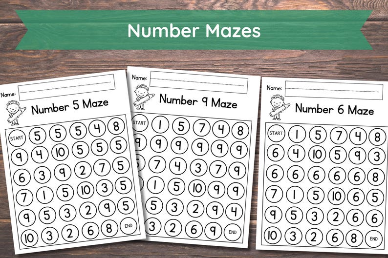 May include: Three black and white printable worksheets with number mazes. Each worksheet has a title, "Number 5 Maze", "Number 9 Maze", and "Number 6 Maze". Each maze has a start and end point and is made up of circles with numbers inside.