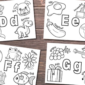 May include: Black and white colouring pages featuring the alphabet from D to G with various illustrations for each letter.  The illustrations include a dragonfly, dog, dinosaur, dolphin, egg, eggplant, excavator, earth, fire, fence, frog, flower, fish, grapes, gift, giraffe, guitar.