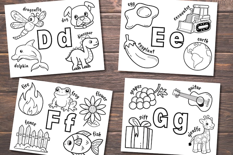 May include: Black and white colouring pages featuring the alphabet from D to G with various illustrations for each letter.  The illustrations include a dragonfly, dog, dinosaur, dolphin, egg, eggplant, excavator, earth, fire, fence, frog, flower, fish, grapes, gift, giraffe, guitar.