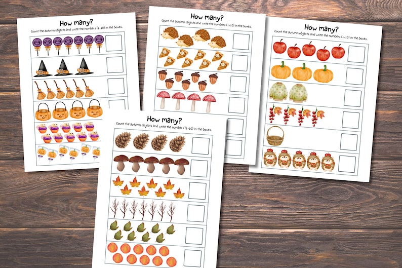 May include: Four educational worksheets titled How many? featuring rows of autumn-themed illustrations including lollipops, witch hats, brooms, pumpkins, hedgehogs, pie slices, acorns, mushrooms, apples, sweaters, leaves, branches, and baskets with empty boxes.