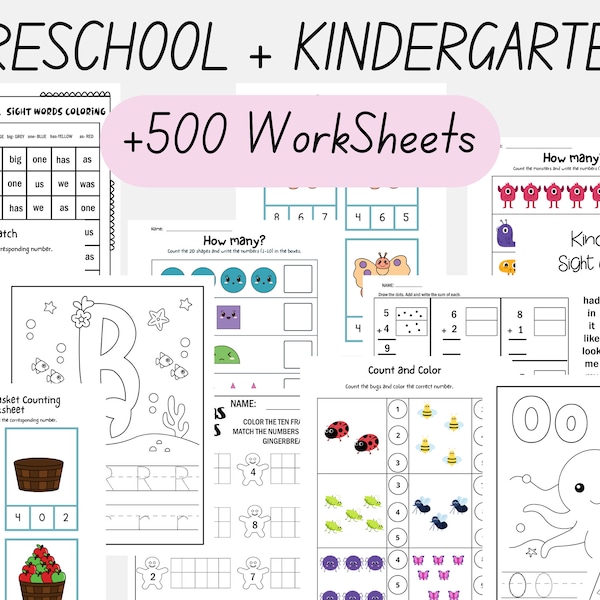 Printable Toddler Worksheets or Toddler Workbook Instant Download Alphabet, Numbers, Sight Words, Addition, Math Activities, Coloring pages