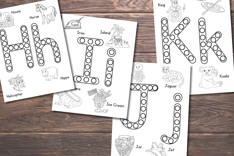 May include: Black and white printable alphabet dot-to-dot activity sheets for children. Each letter is outlined with circles to connect with a marker or crayon. The sheets include pictures of objects that start with each letter, such as a house, horse, iron, island, helicopter, hippo, and more.