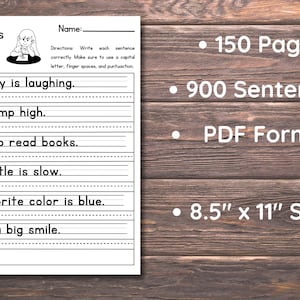 May include: A white educational worksheet titled Sentences Writing with 150 pages, 900 sentences, and 8.5 inch by 11 inch size. The page features lines for writing sentences like The baby is laughing, I can jump high, and I love to read books.
