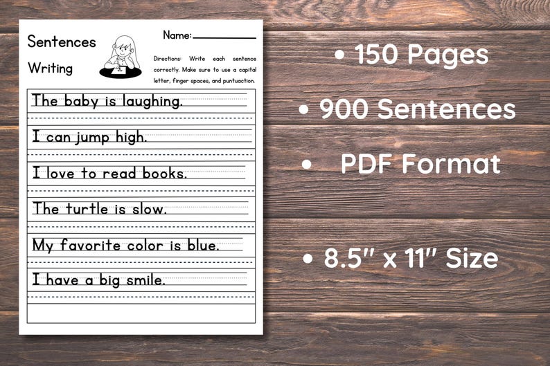 May include: A white educational worksheet titled Sentences Writing with 150 pages, 900 sentences, and 8.5 inch by 11 inch size. The page features lines for writing sentences like The baby is laughing, I can jump high, and I love to read books.