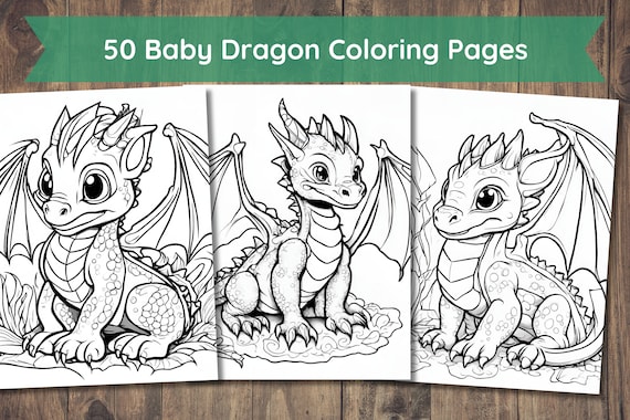 50 Baby Woodland Dragon Fantasy Coloring Page Book, Adults + Kids- Instant Download Coloring Page, Printable PDF, Dragons coloring