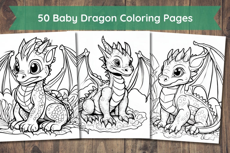 50 Baby Woodland Dragon Fantasy Coloring Page Book, Adults + Kids- Instant Download Coloring Page, Printable PDF, Dragons coloring image 1